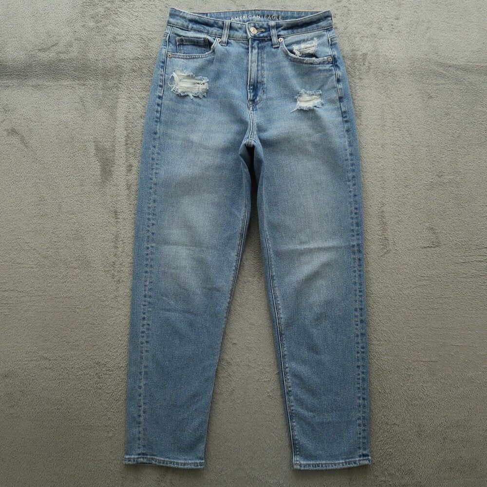American Eagle Mom Jeans Women's Size 2R High-Rise Straight 28" Inseam Destroyed